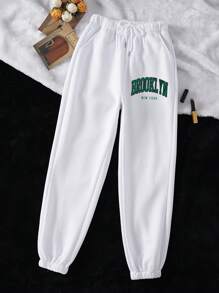 INAWLY Letter Graphic Drawstring Waist Joggers - White - View 1