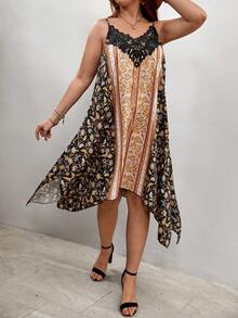 SHEIN VCAY 大碼印花拼接水溶蕾絲手帕下擺吊帶連衣裙 - 彩色 - 查看 5