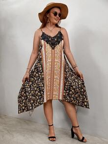 SHEIN VCAY 大碼印花拼接水溶蕾絲手帕下擺吊帶連衣裙 - 彩色 - 查看 6