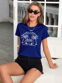 SHEIN LUNE 熱帶和標語圖案T恤 - 寶藍色 - 查看 1