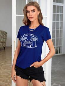 SHEIN LUNE 熱帶和標語圖案T恤 - 寶藍色 - 查看 3