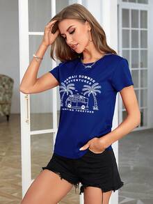 SHEIN LUNE 熱帶和標語圖案T恤 - 寶藍色 - 查看 4