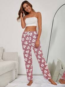 RueChic Heart & Letter Graphic Tie Front Lounge Trousers - Pink - View 2