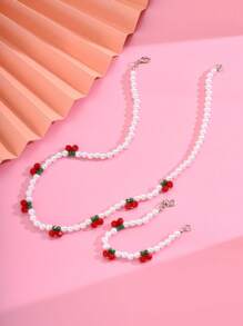 1入組女孩櫻桃吊墜珍珠串珠項鍊和1入組手環日常裝飾