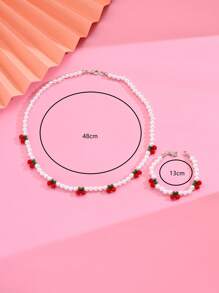 1入組女孩櫻桃吊墜珍珠串珠項鍊和1入組手環日常裝飾