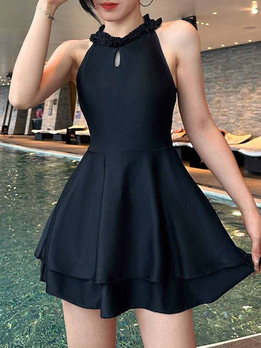 Solid Frill Trim Tankini Summer Beach - Black - View 1