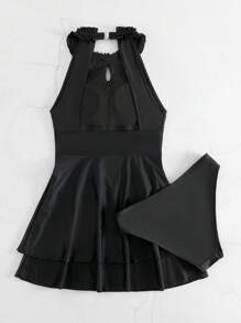 Solid Frill Trim Tankini Summer Beach - Black - View 6