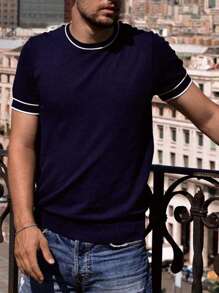 Men Striped Trim Round Neck Knit Top - Navy Blue - View 1