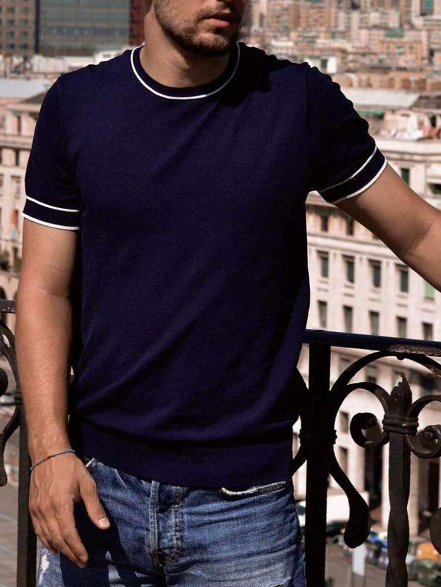 Men Striped Trim Round Neck Knit Top - Navy Blue - View 1