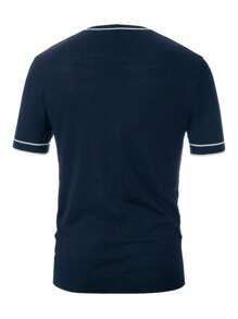 Men Striped Trim Round Neck Knit Top - Navy Blue - View 2