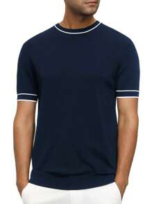 Men Striped Trim Round Neck Knit Top - Navy Blue - View 4