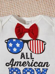 男嬰美式印花前蝴蝶結連體衣和短褲和帽套裝 - 白色 - 查看 3