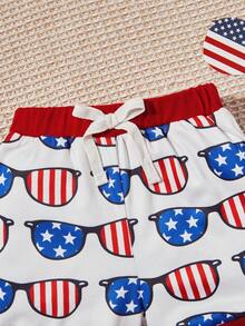 男嬰美式印花前蝴蝶結連體衣和短褲和帽套裝 - 白色 - 查看 4