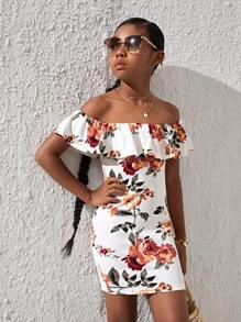 SHEIN Tween Girls' Elegant And Versatile Off-The-Shoulder Ruffle Hem Dress With Floral Print - Multicolor - View 1