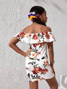 SHEIN Tween Girls' Elegant And Versatile Off-The-Shoulder Ruffle Hem Dress With Floral Print - Multicolor - View 2