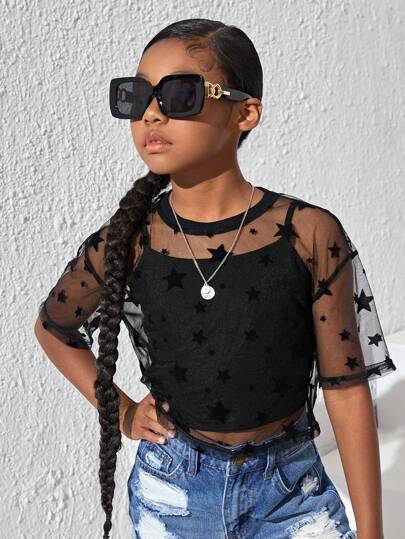 SHEIN Tween Girls' Casual Black Star Mesh Top With Knitted Solid Color Camisole