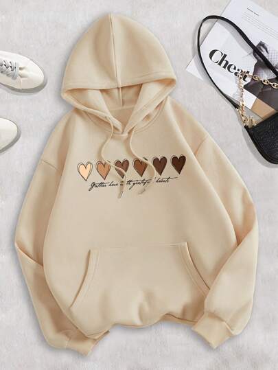 INAWLY Herz- und Slogan-Grafik Kanguru-Taschen Zugbandkapuzen-Thermohoodie "Gather Here With Grateful Hearts", Langarm Oberteil