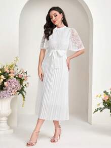 Modelyn Contrast Lace Pleated Hem Belted Dress - White - View 4