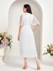 Modelyn Contrast Lace Pleated Hem Belted Dress - White - View 2