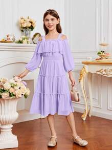 SHEIN 可愛純色女童洋裝褶皺邊 多層分層 打褶 - 紫丁香色 - 查看 1