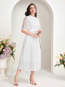 Modelyn Contrast Lace Pleated Hem Belted Dress - White - View 3