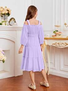 SHEIN 可愛純色女童洋裝褶皺邊 多層分層 打褶 - 紫丁香色 - 查看 2