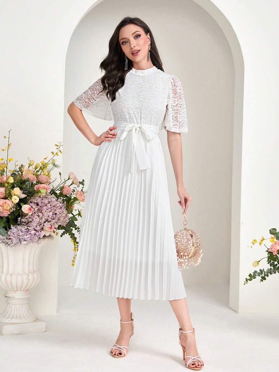 Modelyn Contrast Lace Pleated Hem Belted Dress - White - View 1