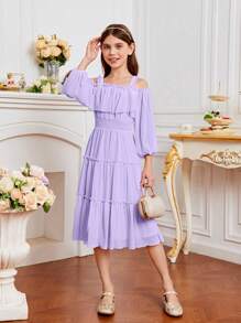 SHEIN 可愛純色女童洋裝褶皺邊 多層分層 打褶 - 紫丁香色 - 查看 3