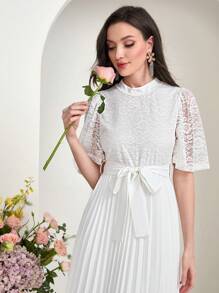 Modelyn Contrast Lace Pleated Hem Belted Dress - White - View 5