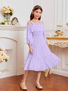 SHEIN 可愛純色女童洋裝褶皺邊 多層分層 打褶 - 紫丁香色 - 查看 4