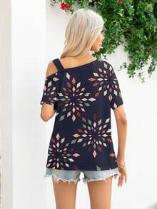 DEARCASE 幾何印花不對稱領T恤 - 藏蓝色 - 查看 2