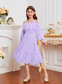 SHEIN 可愛純色女童洋裝褶皺邊 多層分層 打褶 - 紫丁香色 - 查看 6