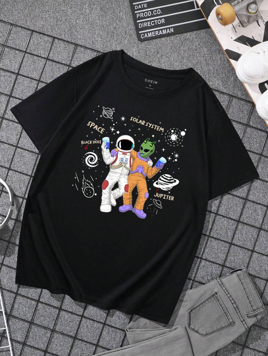 Camiseta con estampado de galaxia y astronauta para hombre - Negro - Ver 1