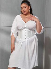 Plus Hook & Eye Front Lace Up Back Corset Shapewear Waist Trainer - White - View 1