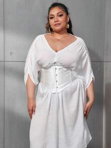 Plus Hook & Eye Front Lace Up Back Corset Shapewear Waist Trainer - White - View 4