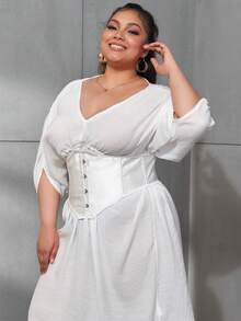 Plus Hook & Eye Front Lace Up Back Corset Shapewear Waist Trainer - White - View 6