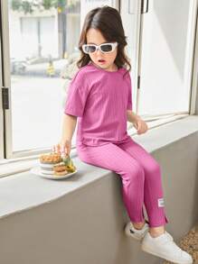 SHEIN Leap Crew Cô Gái Trẻ Thư được vá Áo thun Thả vai & Quần - Hồng - Xem 1