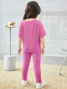 SHEIN Leap Crew Cô Gái Trẻ Thư được vá Áo thun Thả vai & Quần - Hồng - Xem 2