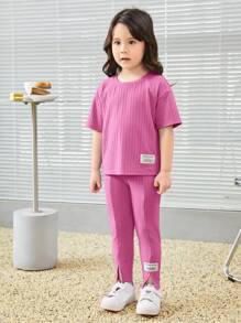 SHEIN Leap Crew Cô Gái Trẻ Thư được vá Áo thun Thả vai & Quần - Hồng - Xem 3