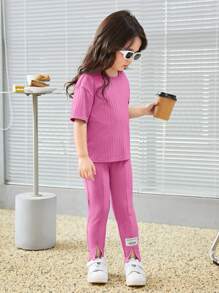 SHEIN Leap Crew Cô Gái Trẻ Thư được vá Áo thun Thả vai & Quần - Hồng - Xem 5