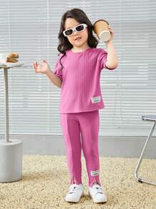 SHEIN Leap Crew Cô Gái Trẻ Thư được vá Áo thun Thả vai & Quần - Hồng - Xem 6