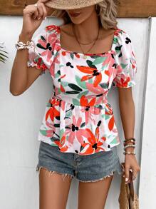 SHEIN VCAY Square Neck Puff Sleeve Peplum Blouse - Multicolor - View 1