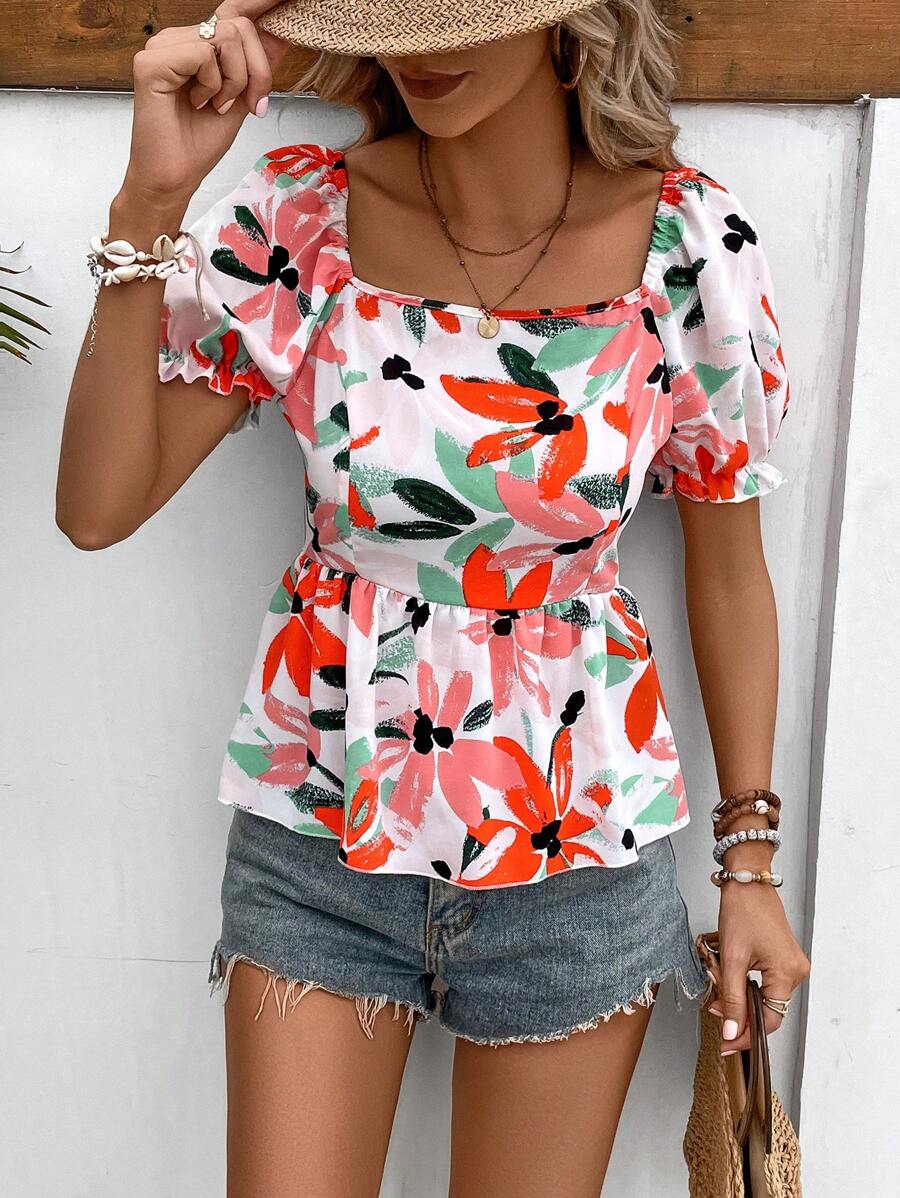 SHEIN VCAY Square Neck Puff Sleeve Peplum Blouse - Multicolor - View 1