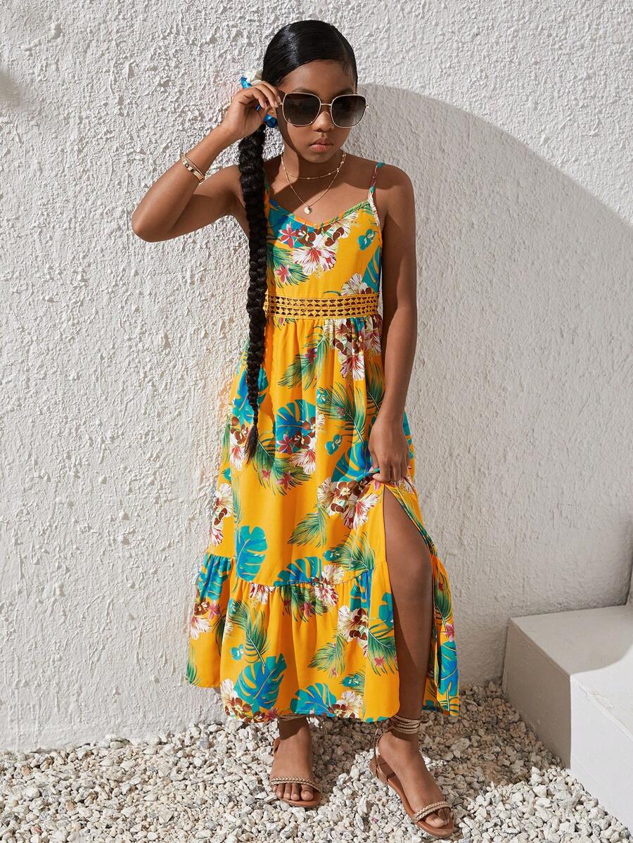 SHEIN Leap Crew 女孩熱帶圖案高衩荷葉邊吊帶連衣裙 - 黃色 - 查看 1