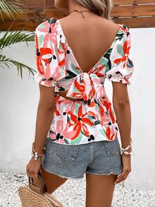 SHEIN VCAY Square Neck Puff Sleeve Peplum Blouse - Multicolor - View 2