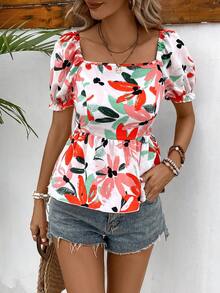 SHEIN VCAY Square Neck Puff Sleeve Peplum Blouse - Multicolor - View 4