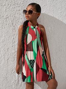 SHEIN Girls Geo Print Halter Neck Tunic Dress - Multicolor - View 1