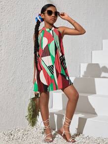 SHEIN Girls Geo Print Halter Neck Tunic Dress - Multicolor - View 3