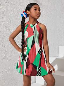 SHEIN Girls Geo Print Halter Neck Tunic Dress - Multicolor - View 5