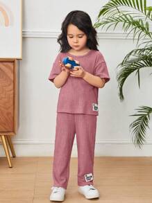 SHEIN Leap Crew 年輕女孩字母拼接下肩T恤和褲子 - 藕粉色 - 查看 3